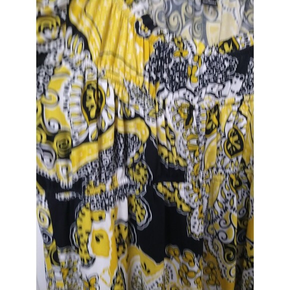 FANG Woman L Tunic Blouse Babydoll Yellow Black S/S Retro Hippie Casual - Picture 4 of 7